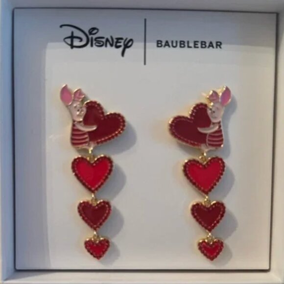 Disney Baublebar Winnie the Pooh Piglet Valentine Red Heart Earrings Crystal NIB - Picture 1 of 4